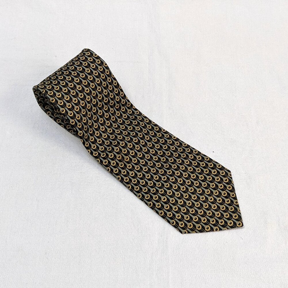Brioni Peacock Print Black/Gold Classic Tie Made in Italy